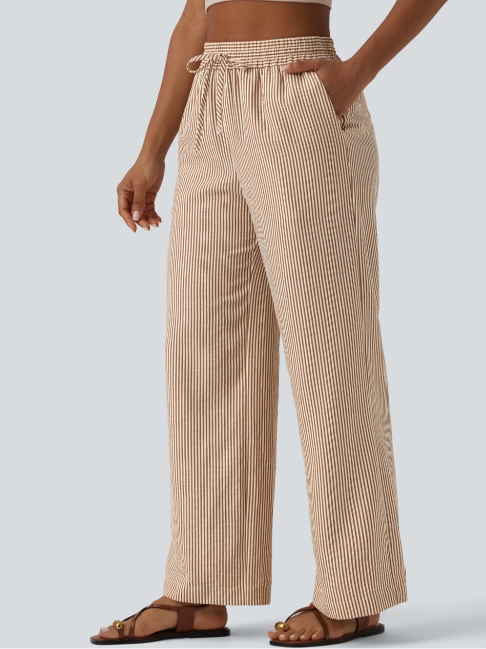 New HALARA High-Waisted Drawstring Striped Linen-Feel - Picture 5 of 14
